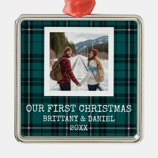 Green Tartan Our First Christmas Metal Ornament