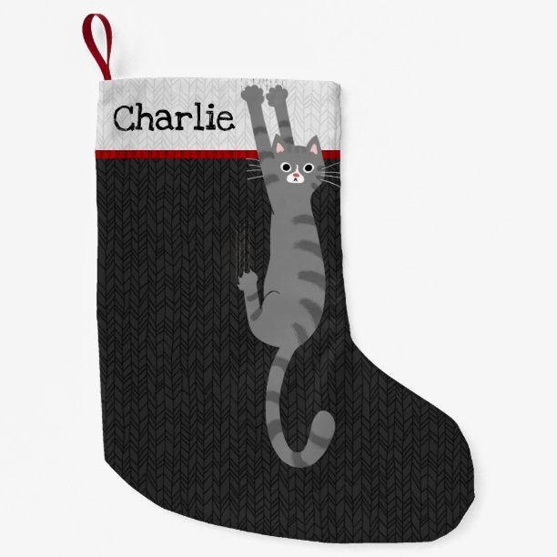 Grey Tabby Cat Hanging On Funny Cat Holiday Small Christmas Stocking