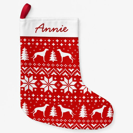 Greyhound Silhouettes Pattern Red and White Cute Small Christmas Stocking