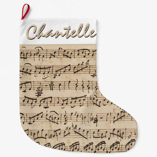 Handwritten Vintage Sheet Music Christmas Large Christmas Stocking