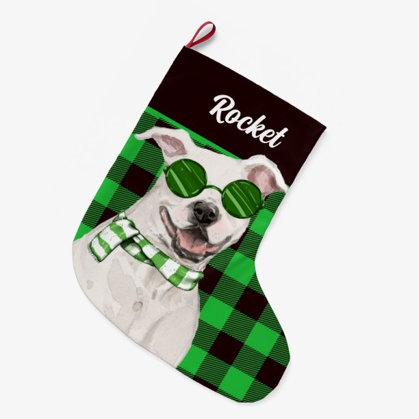 Holiday Pit Bull and Green Plaid Dog's Name Large Christmas Stocking