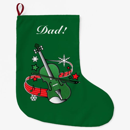 Holiday Violin with Notes and Snowflakes Large Christmas Stocking