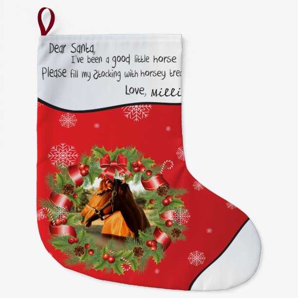 Horse Dear Santa YOUR PHOTO Name Round Frame Red Large Christmas Stocking