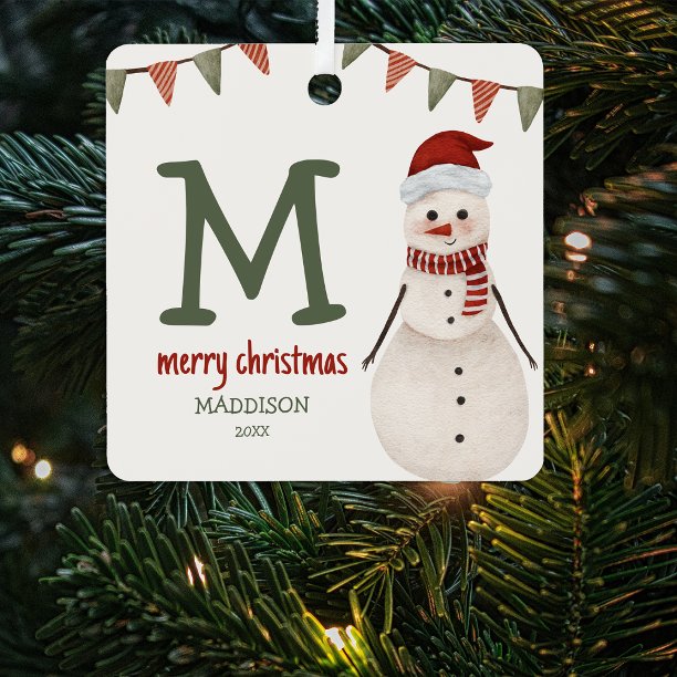 Kids Snowman Monogram Christmas Tree Metal Ornament