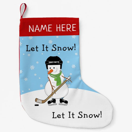 Let it Snow Personalized Hockey Snowman Small Christmas Stocking