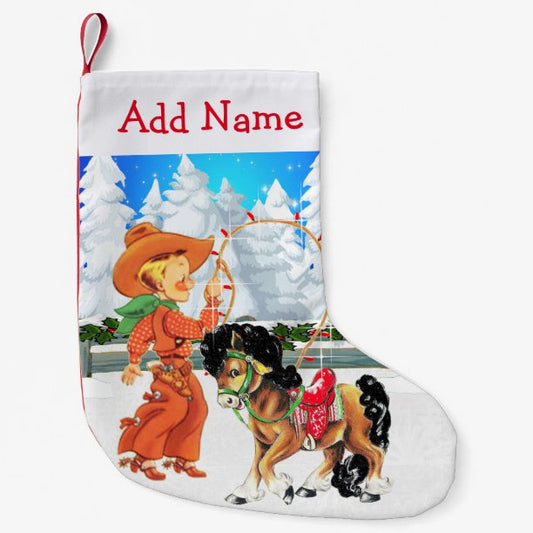 Little Cowboy With Rope and Horse Winter Scene Small Christmas Stocking
