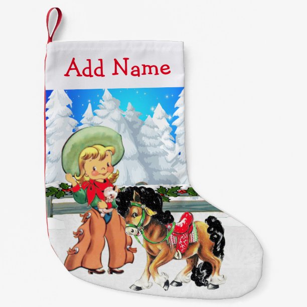 Little Cowgirl With Horse Winter Scene Small Christmas Stocking