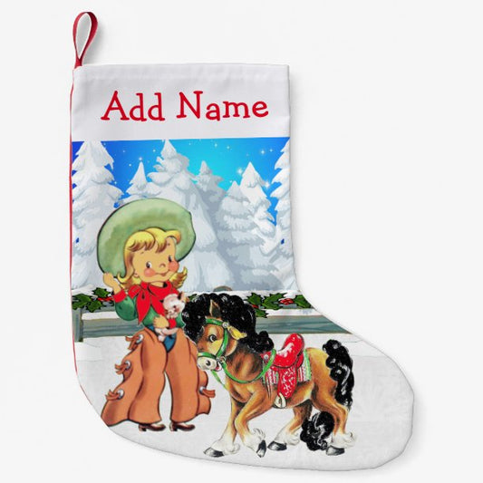 Little Cowgirl With Horse Winter Scene Small Christmas Stocking