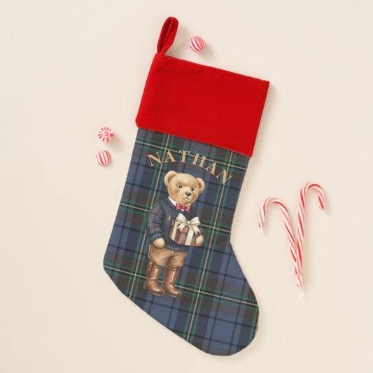 Luxe Preppy Plaid Christmas Teddy Bear Photo Card Stocking