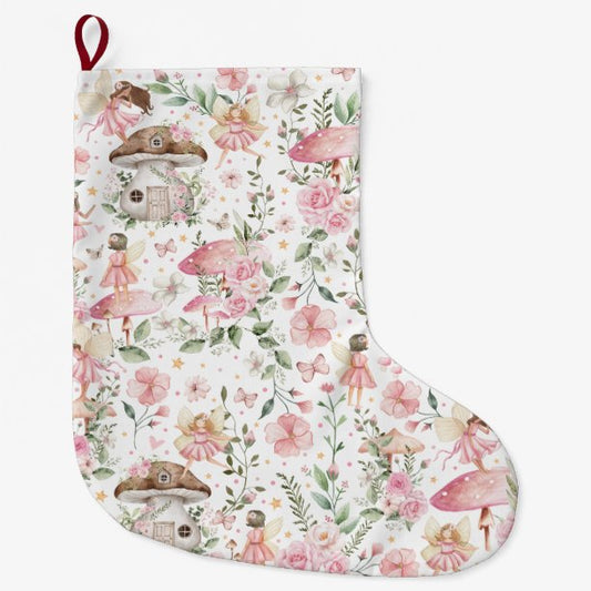 Magical Forest Fairy Pink Floral Garden Large Christmas Stocking
