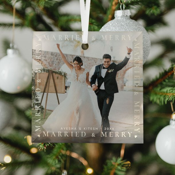 Married & Merry Couple Photo Modern Glass Ornament