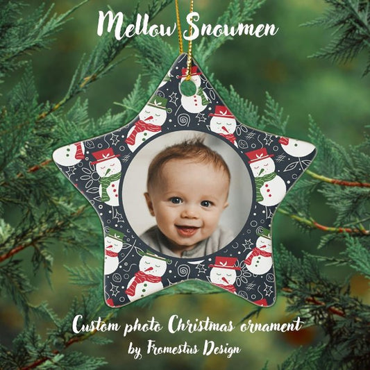 Mellow Snowmen - First Christmas photo custom. Ceramic Ornament