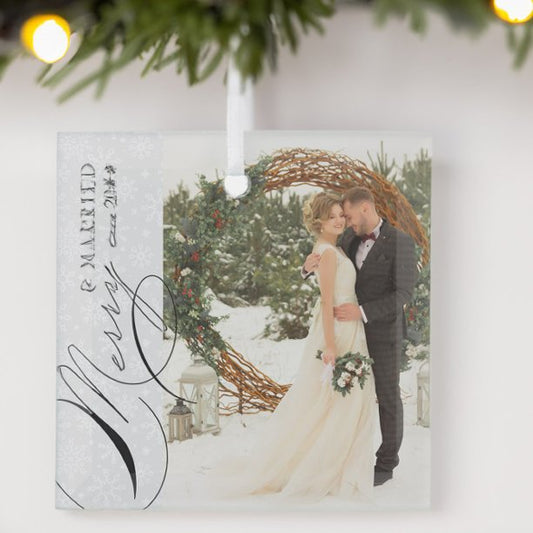 Merry and Married Script Vertical Photo Snowflake Glass Ornament