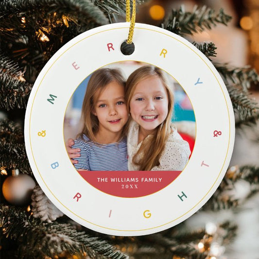 Merry & Bright Modern Rainbow Photo Ceramic Ornament
