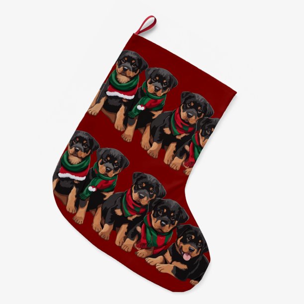 Merry Chrismutts Rottweiler Puppies Wearing Scarf Large Christmas Stocking