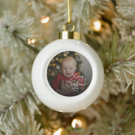 Merry Christmas Baby Photo Ceramic Ball Christmas Ornament