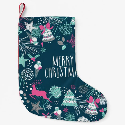 Merry Christmas card with snowflakes and Xmas symb Small Christmas Stocking