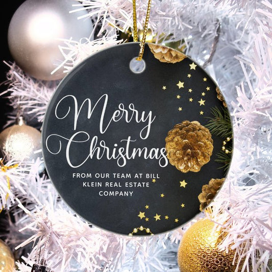 Merry Christmas Elegant Black Gold Custom Company Ceramic Ornament