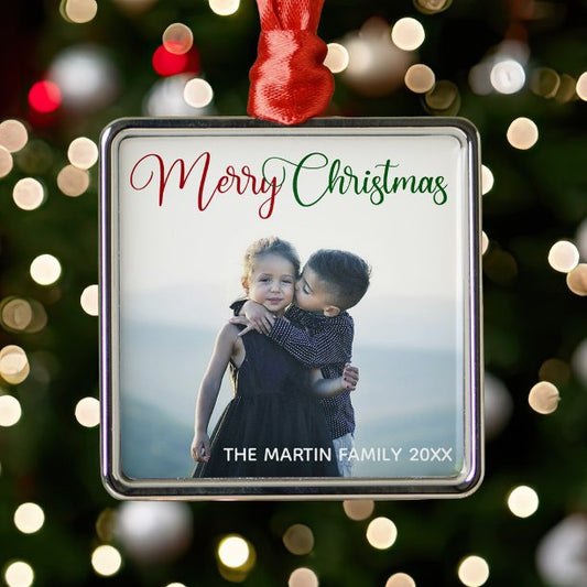 Merry Christmas Elegant Red Green Photo Overlay Metal Ornament