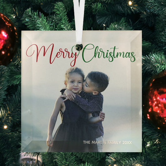 Merry Christmas Elegant Red Green Typography Photo Glass Ornament