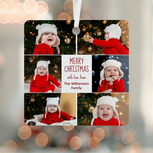 Merry Christmas Photo Collage Cute Red Script Metal Ornament