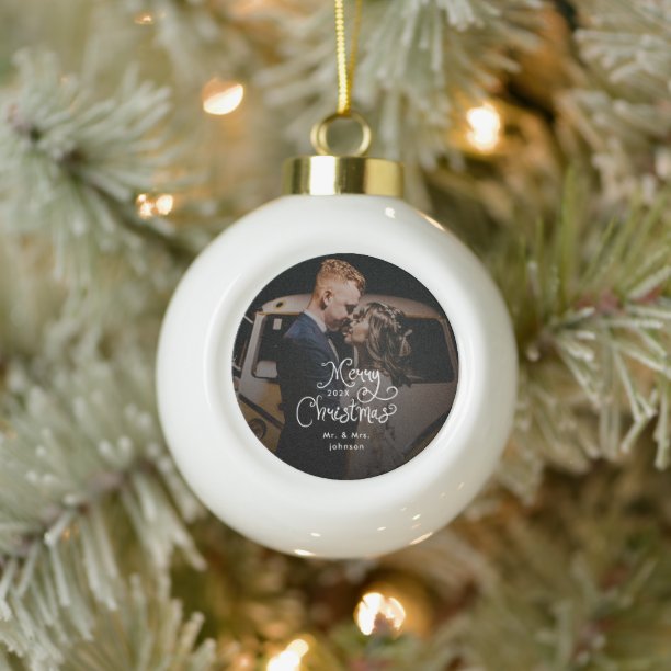 Merry Christmas Whimsical Script Custom Photo Ceramic Ball Christmas Ornament