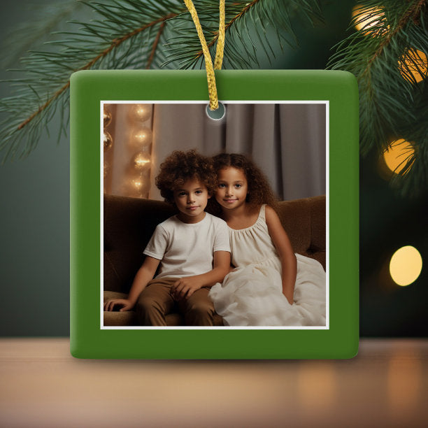 Merry Christmas with 1 Photo - green single sided Ceramic Ornament