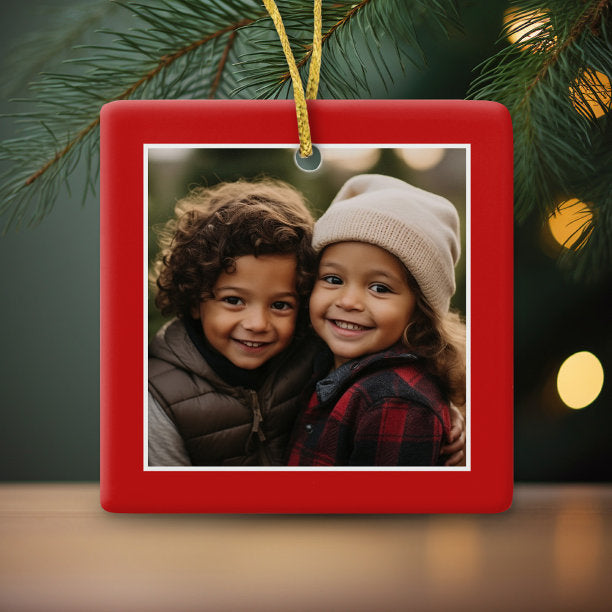 Merry Christmas with 1 Photo - red single sided Ceramic Ornament