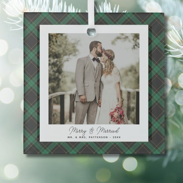 Merry & Married Tartan Plaid Newlywed Photo Custom Glass Ornament