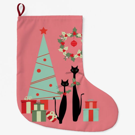 Mid Century Modern Cool Cat Pair & Christmas Tree Large Christmas Stocking