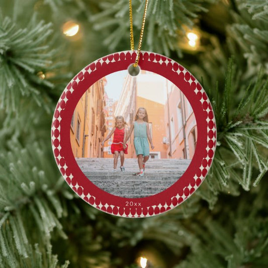 Mid Century Retro Red Baubles 2026 Photo Christmas Ceramic Ornament
