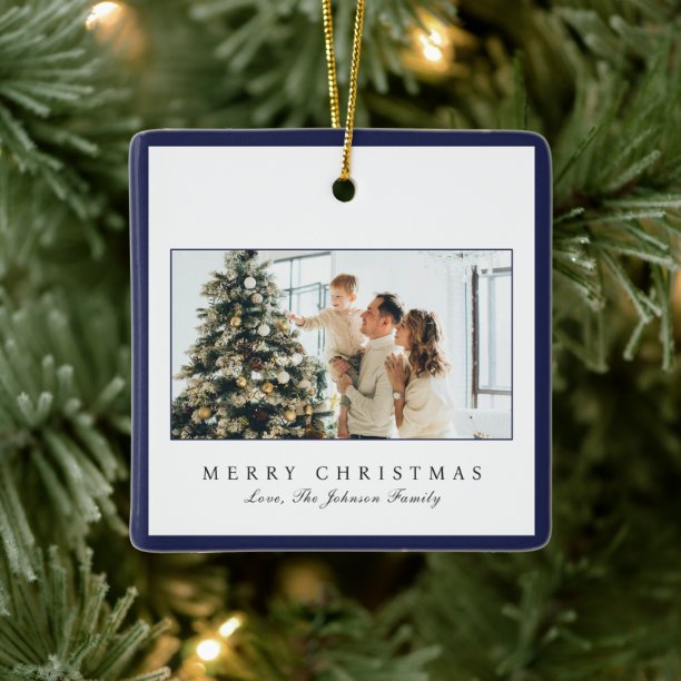 Minimal Blue Border Photo Elegant Christmas Ceramic Ornament