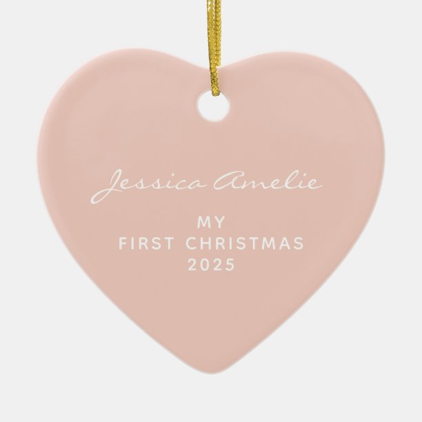 Minimal Blush Baby First Christmas Photo Heart Ceramic Ornament