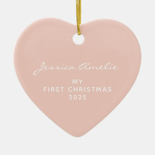 Minimal Blush Baby First Christmas Photo Heart Ceramic Ornament