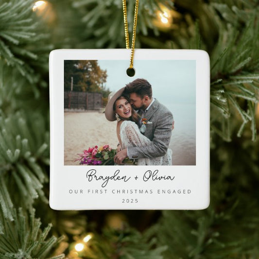 Minimal Elegant Engagement Christmas Photo Ceramic Ornament