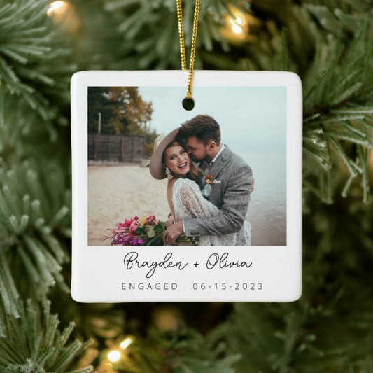 Minimal Elegant Engagement Photo Christmas Ceramic Ornament