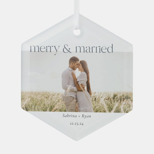 Minimal Merry and Married Photo Ceramic Ornament