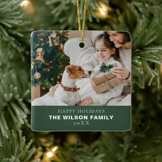 Minimalist Family Photo With Pets Christmas Ceramic Ornament