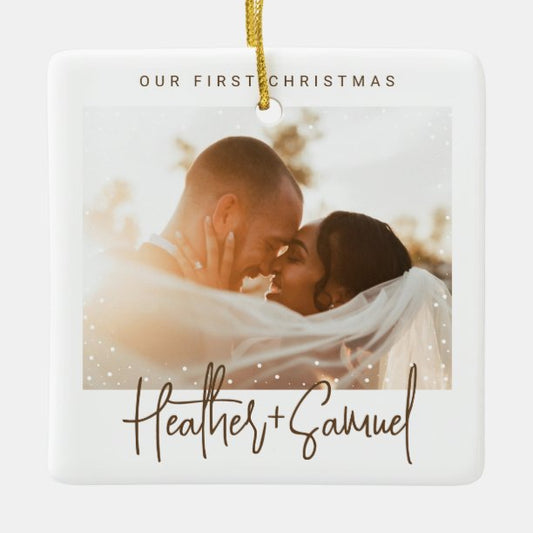 Minimalist Modern Script Christmas Snow Photo Ceramic Ornament
