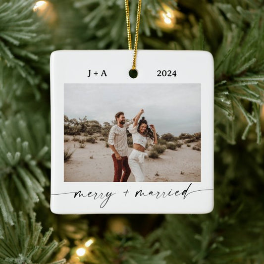Minimalist Photo Ornament Merry & Married Photo