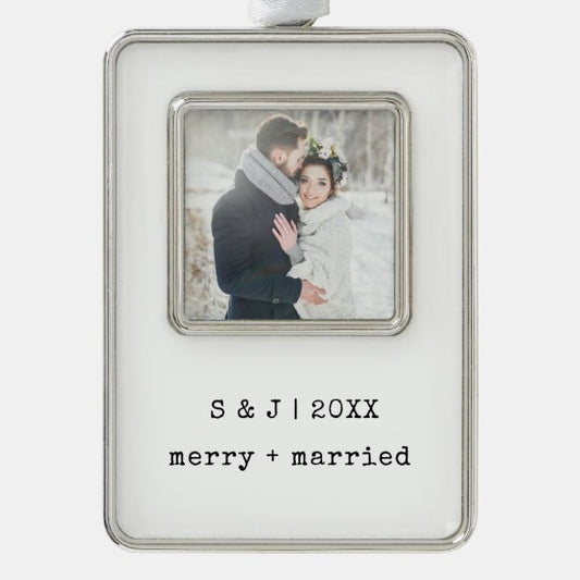 Minimalist Typewriter Merry and Married Photo Christmas Ornament