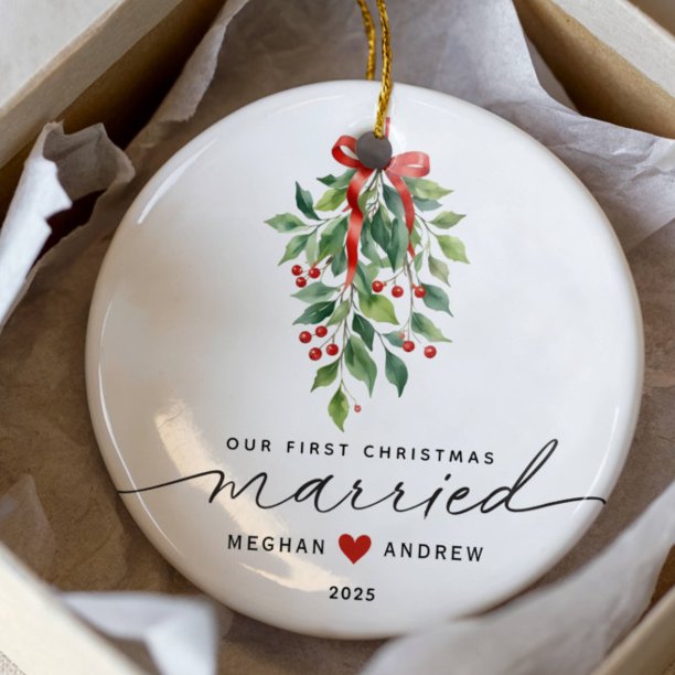 Mistletoe Married First Christmas Ceramic Ornament