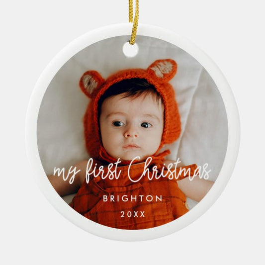Modern Baby's first Christmas photo Ceramic Ornament