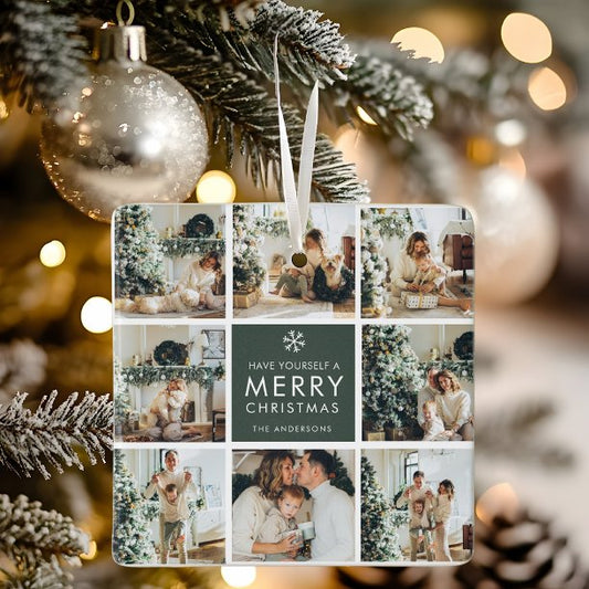Modern Collage “Merry Christmas” Multi Photo Ceramic Ornament