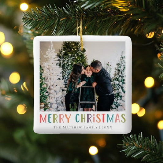 Modern & Colorful Merry Christmas Family Photo Ceramic Ornament