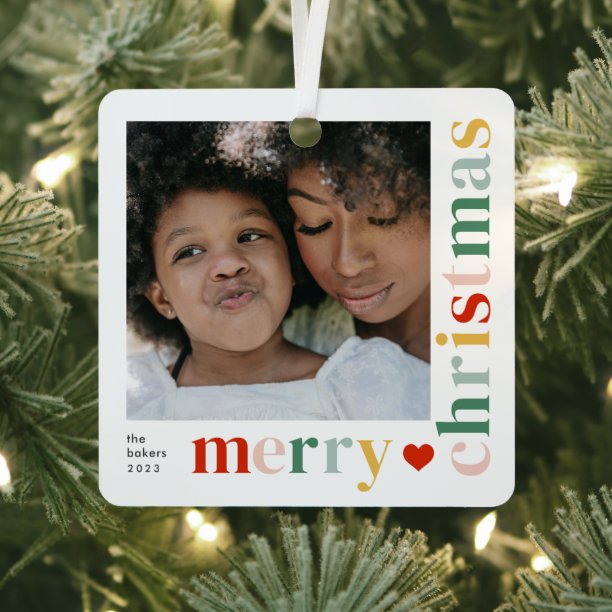 Modern Colorful Merry Christmas Photo Metal Ornament