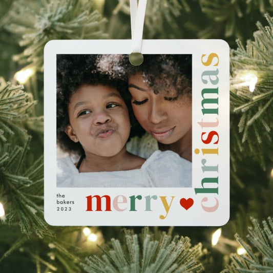 Modern Colorful Merry Christmas Photo Metal Ornament
