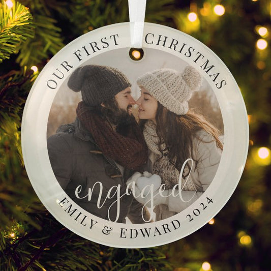 Modern Elegant First Christmas Engaged Photo Ceramic Ornament