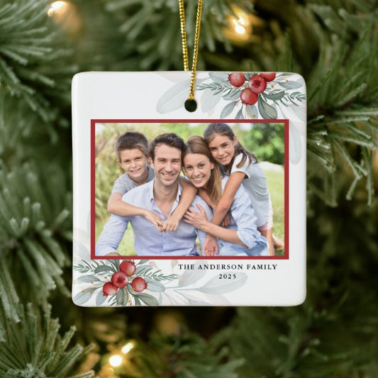 Modern Elegant Holiday Greenery 2 Photo Christmas Ceramic Ornament