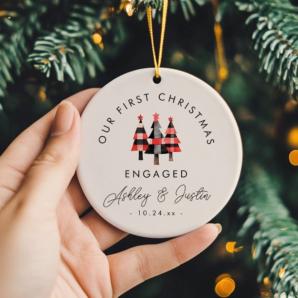 Modern Engagement First Christmas Cozy Plaid Ceramic Ornament